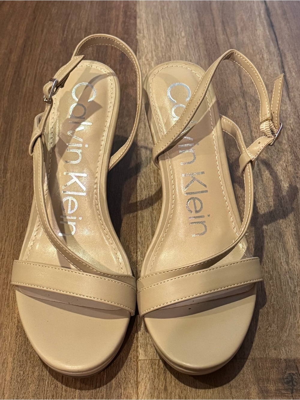 Calvin Klein Nude Leather Slingback Wedges